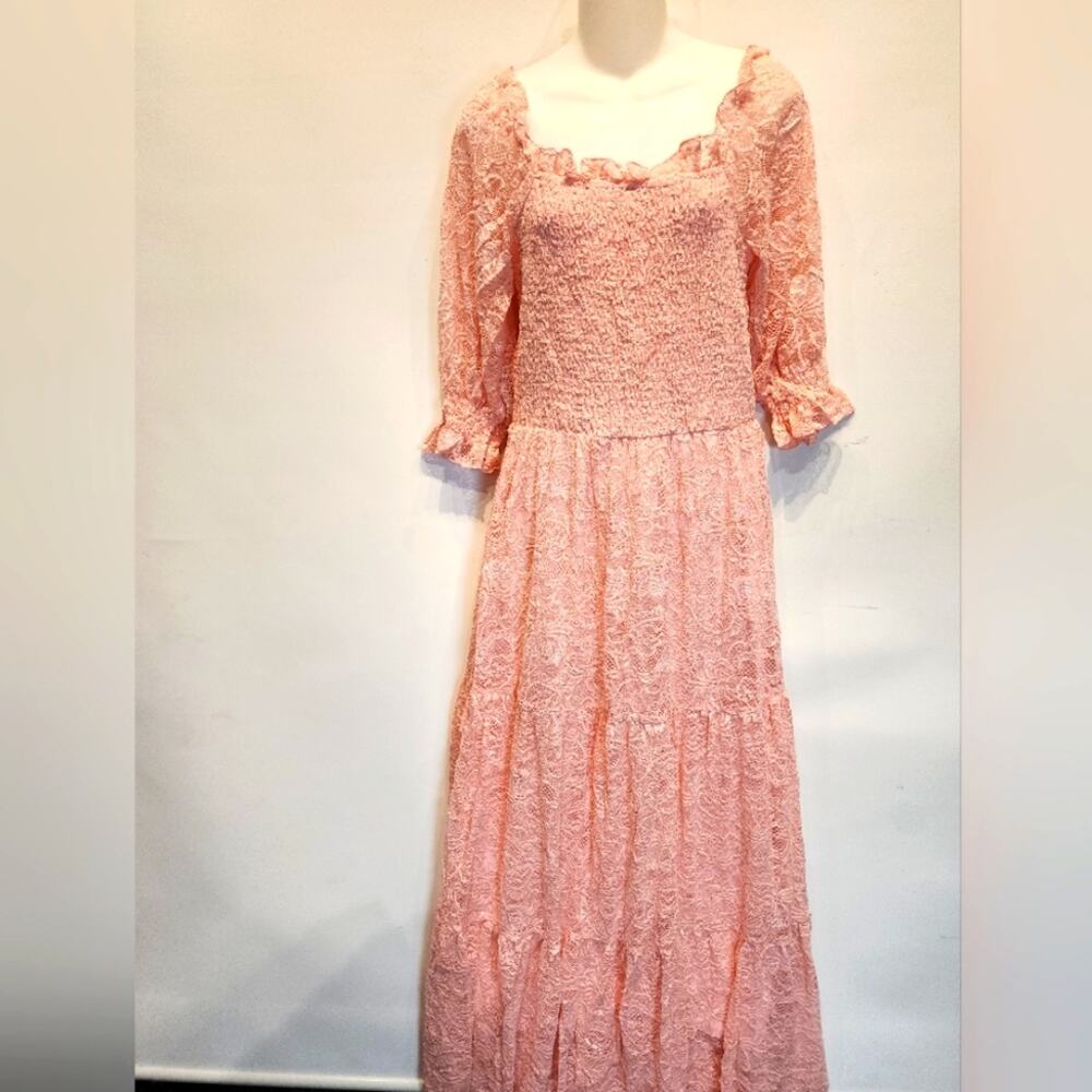New Pink Cottagecore Lace Dress Puff Sleeves Crochet Lace Smocked Dress‎ M